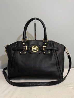 Michael Kors Hudson Belted Black Leather Satchel Crossbody Bag Large
